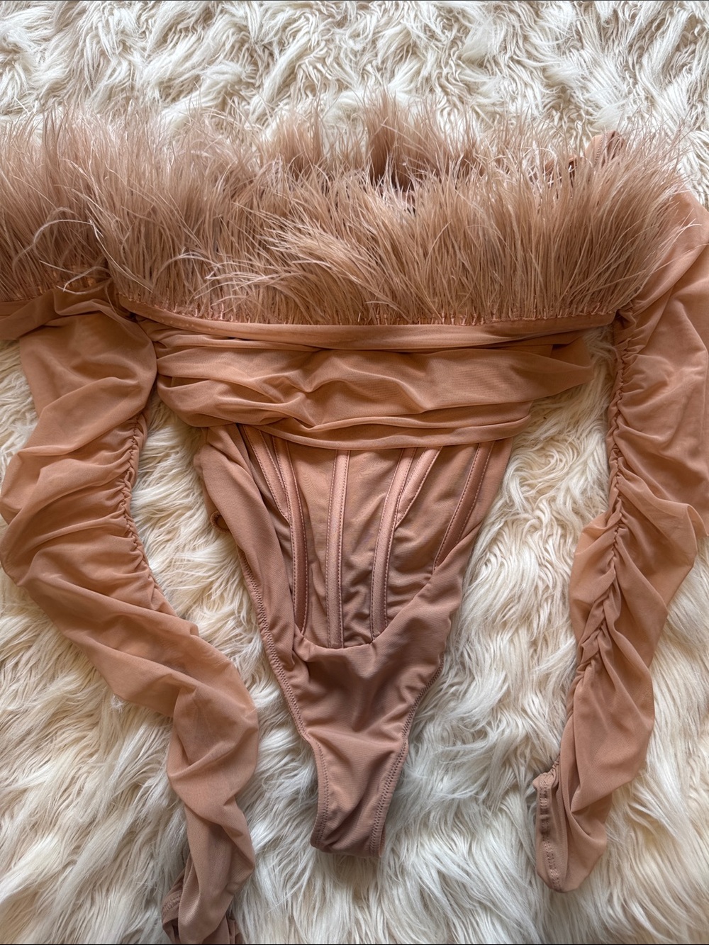 House of CB Blush Feather-Trim Bandeau Bodysuit